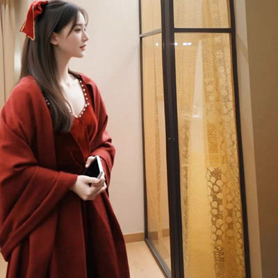 酒红色喜婆婆妈妈伴娘披肩姐妹服礼服外搭保暖两用冬季枣红围巾女