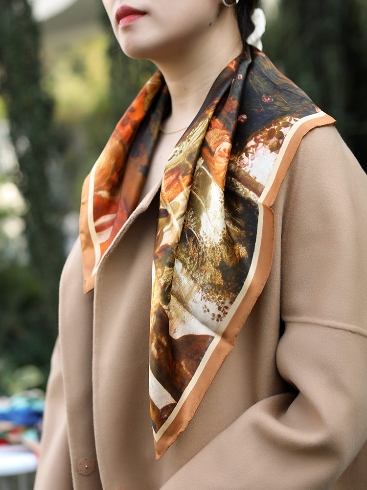 围巾女士百搭油画风格真丝素绉缎