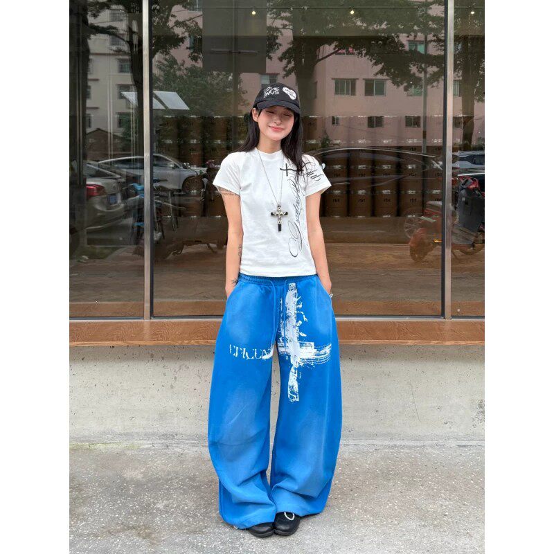 美式复古渐变十字架运动裤男女秋冬新款水洗做旧宽松百搭抽绳卫裤