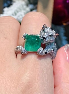 彩宝祖母绿戒指法式女