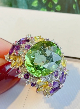 网红浪漫彩宝戒指女开口 小众设计满镶镀18K金清新薄荷绿彩宝指环