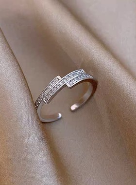 闪钻交错戒指女素圈小众设计时尚指环个性网红开口戒简约百搭手饰