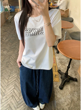 HVIVI 字母印花正肩短袖T恤女简约休闲宽松百搭圆领打底衫上衣