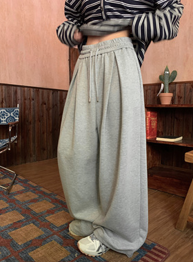 HVIVI美式宽松加绒加厚阔腿休闲裤女冬季慵懒直筒可收口运动卫裤