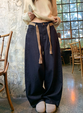 HVIVI复古撞色腰带阔腿牛仔裤女秋冬宽松显瘦百搭休闲裤2025新款