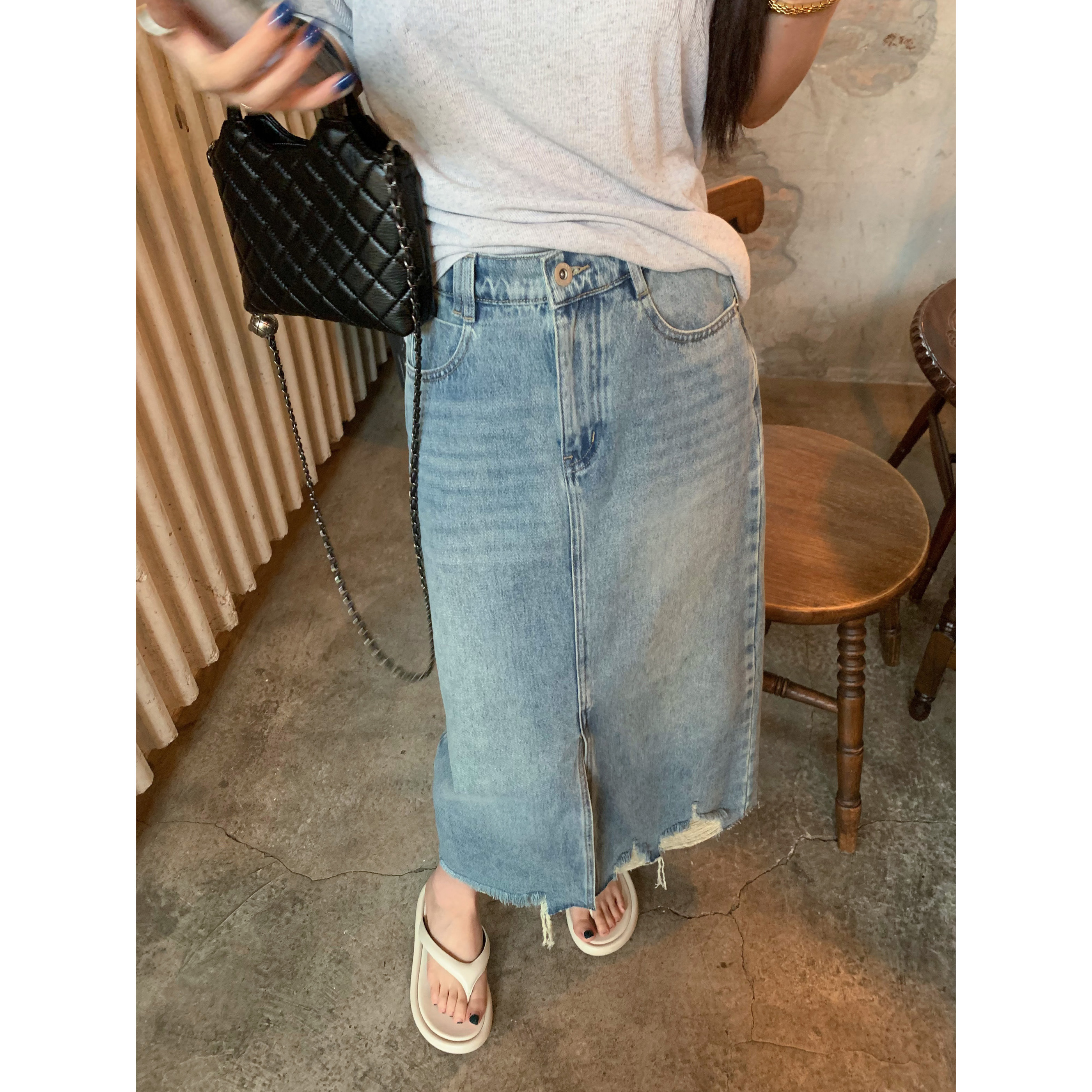 毛边牛仔直筒中长款开叉裙