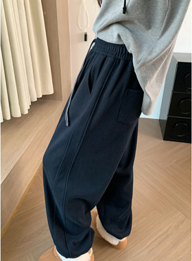 HVIVI松紧腰撞色抽绳显瘦加厚慵懒阔腿裤女秋冬新款运动休闲裤子