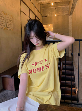 HVIVI休闲宽松显瘦字母印花撞色T恤女夏季慵懒风软薄圆领短袖上衣