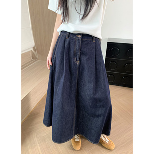 HVIVI 百搭A字伞裙高腰显瘦长裙子 复古打褶牛仔半身裙女春季 新款