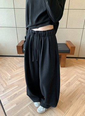 HVIVI宽松直筒月牙贴片毛呢休闲裤女秋冬加厚百搭阔腿垂感显瘦裤