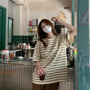 简约百搭休闲显瘦纯棉半袖 新款 上衣 T恤女宽松夏季 HVIVI条纹短袖