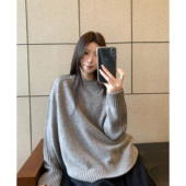 HVIVI 100绵羊毛纯色圆领坑条毛衣女秋冬宽松慵懒百搭套头针织衫