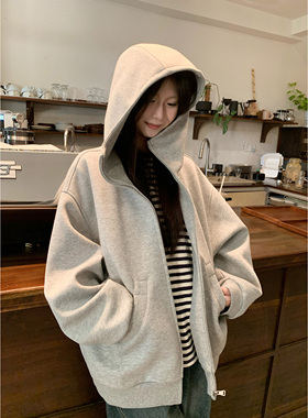 HVIVI 美式重磅430g廓形连帽卫衣女秋季宽松慵懒风拉链开衫外套