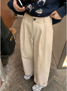 HVIVI半松紧腰直筒休闲裤女秋季2024新款宽松显瘦纯棉小个子长裤