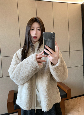 HVIVI 皮毛一体气质小翻领外套女奶糯休闲显瘦短款毛毛上衣冬新款