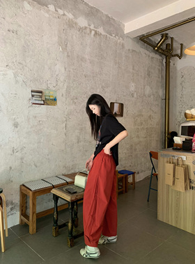 HVIVI落日番茄红宽松休闲压褶工装阔腿裤女夏季新款高品质气球裤