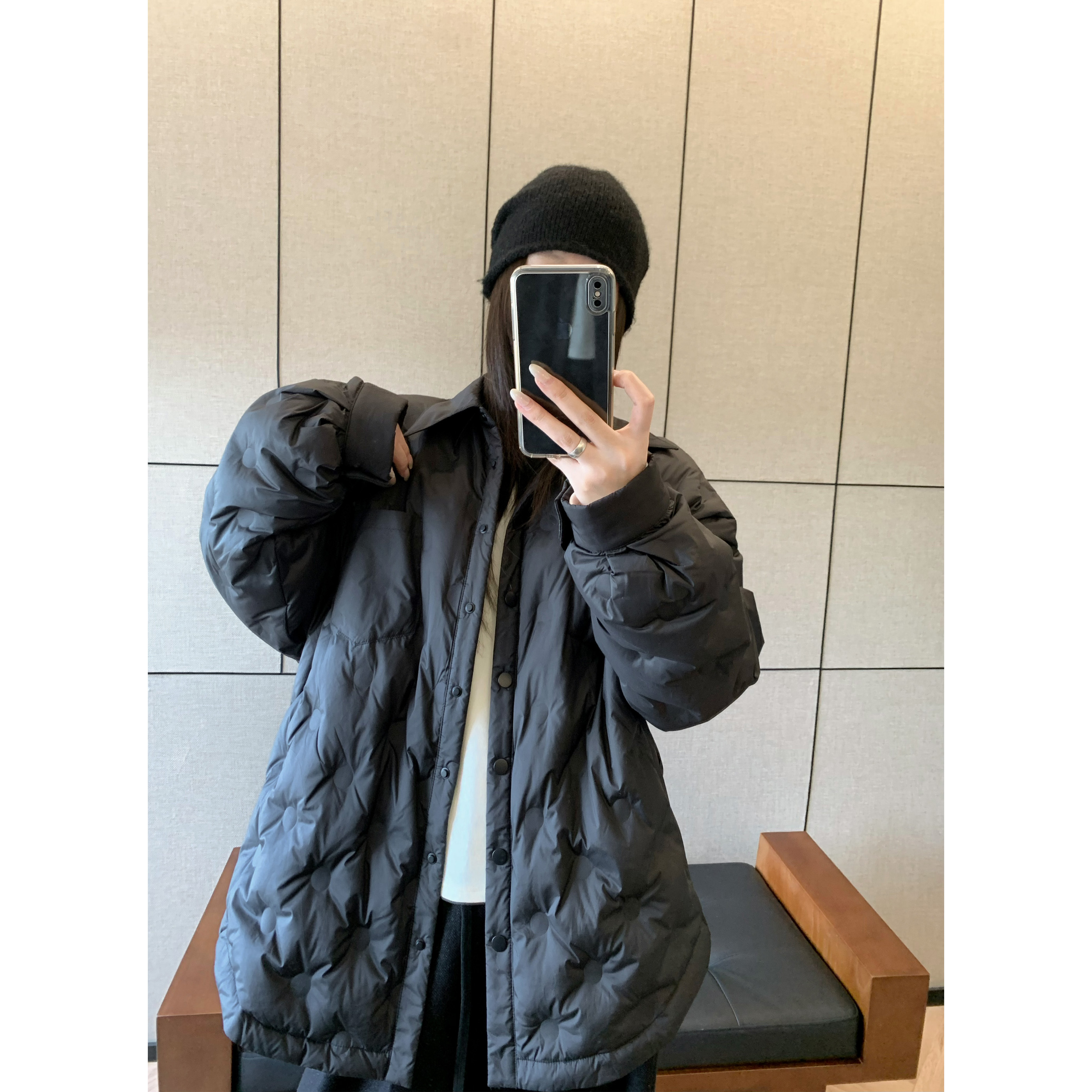 衬衫领设计感中长款羽绒服