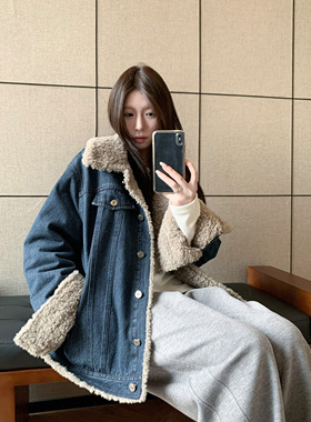 HVIVI 美式翻领羊羔毛牛仔外套女冬季加厚保暖设计感宽松棉服上衣