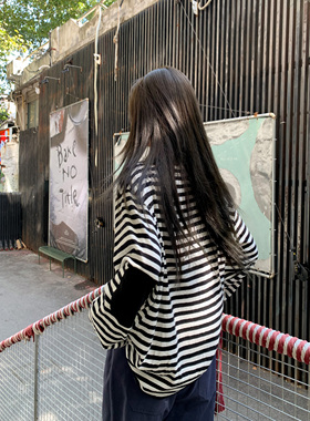 HVIVI 设计感条纹长袖T恤女小众拼接宽松圆领显瘦内搭打底衫上衣