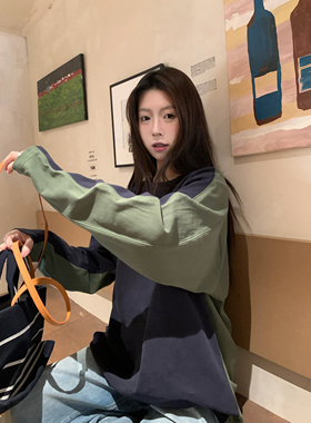 HVIVI 新款拼接撞色落肩袖松弛感100棉套头宽松春季上衣长袖T恤女
