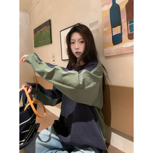 上衣长袖 HVIVI 松弛感100棉套头宽松春季 拼接撞色落肩袖 T恤女 新款