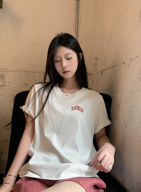 HVIVI 夏季纯棉舒适休闲刺绣正肩T恤女显瘦百搭圆领宽松短袖上衣