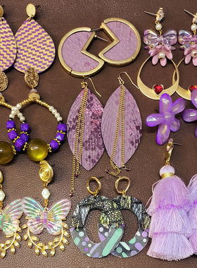 【原创设计款】Z04复古粉紫色亚克力花朵皮革树叶子夸张耳环耳钉