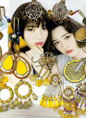 波西米亚风耳饰 Z12酒黄色水晶琉璃叶子原创手工设计夸张耳环耳钉