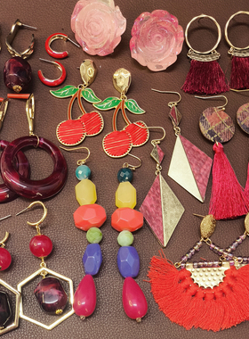 【大红色耳饰合集】B13复古醋酸亚克力樱桃夸张度假拍照耳环耳钉