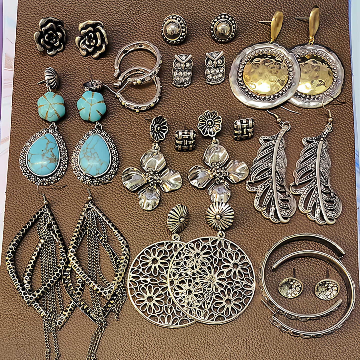 外贸民族风藏银色松石夸张耳钉