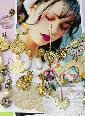 原创手工设计耳饰品H38复古白色夸张流苏水晶几何大耳环耳钉孤品