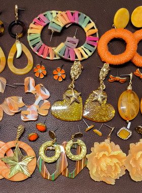 【欧美多款耳饰合集】K36橘黄色合金彩色几何圆形牡丹花朵大耳钉