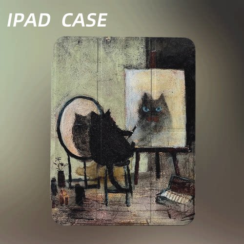 原创复古猫画自像iPad2025新款11代苹果Air7防弯Y折ipad壳三折第9代平板壳11寸Pro亚克力适用mini7带笔槽