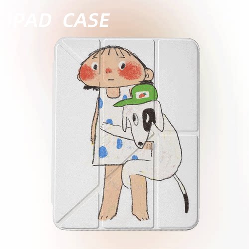 原创可爱帽狗抱娃iPad2025新款11代苹果Air7防弯Y折ipad壳三折第9代平板壳11寸Pro亚克力适用mini7带笔槽
