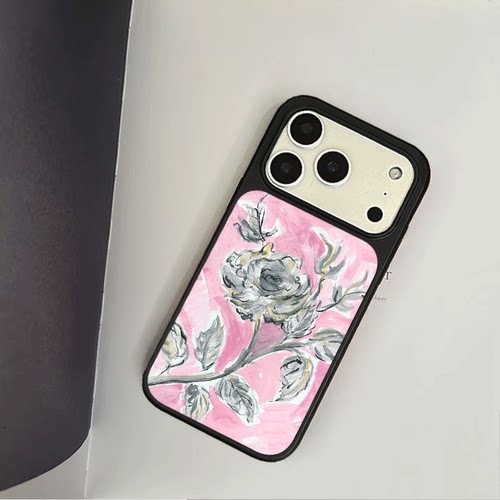 原创艺术灰粉玫瑰iPhone17pro手机壳磁吸16promax软壳13磨砂大孔壳苹果15pro艺术全包黑边软壳适用14p晶瓷