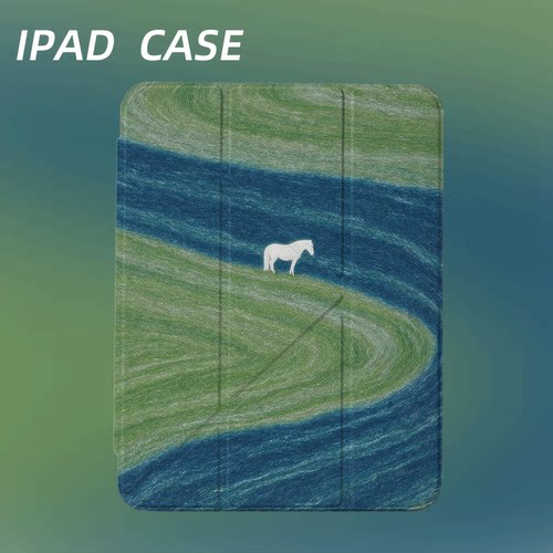 原创艺术绿浪白马iPad2025新款11代苹果Air7防弯Y折ipad壳三折第9代平板壳11寸Pro亚克力适用mini7带笔槽