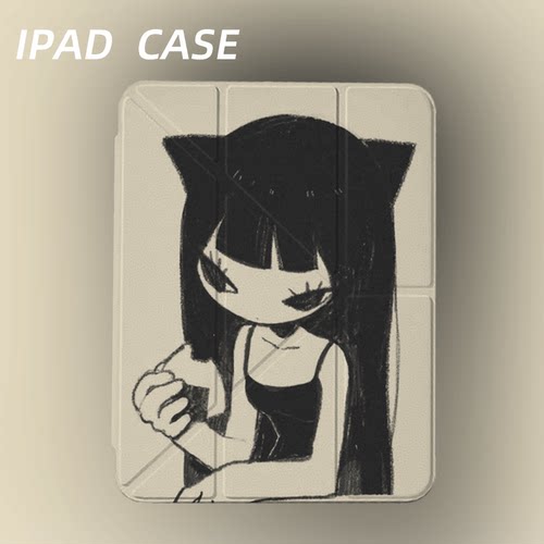 原创复古黑耳少女iPad2025新款11代苹果Air7防弯Y折ipad壳三折第9代平板壳11寸Pro亚克力适用mini7带笔槽