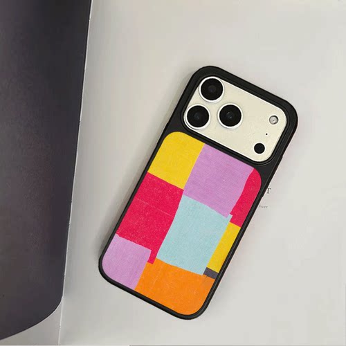 原创艺术撞色方块iPhone17pro手机壳磁吸16promax软壳13磨砂大孔壳苹果15pro艺术全包黑边软壳适用14p晶瓷
