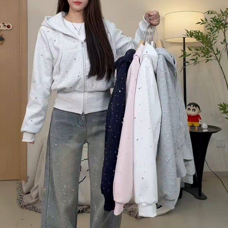 春秋季新款连帽卫衣外套女烫钻满天星拉链开衫小个子短款帽衫上衣