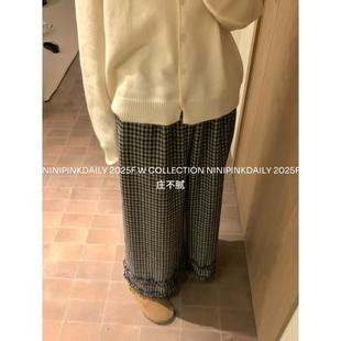 复古松紧腰直筒裤 木耳花边格子裤 森女系 Ninipink庄不腻自制