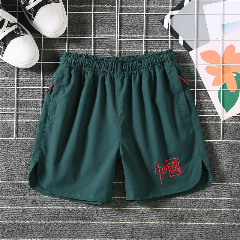 三分裤男潮跑步运动冰丝速干短裤中国风刺绣薄款大裤衩休闲沙滩裤