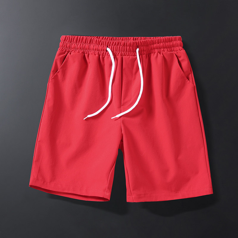 夏季速干运动短裤男休闲沙滩裤抽绳松紧腰红色日常宽松百搭五分裤