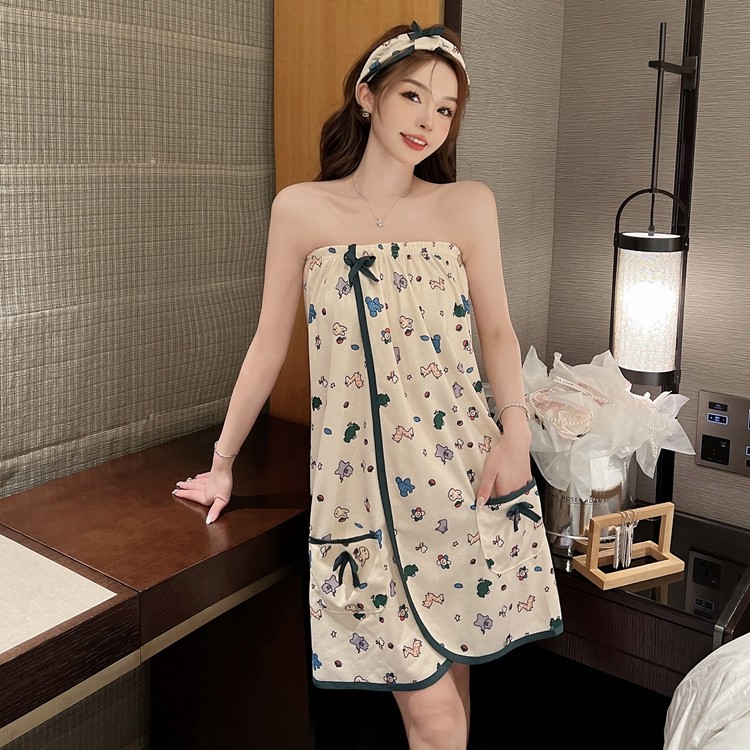 夏天棉质浴巾女成人性感浴裙抹胸吸水柔软浴袍女舒适家居服带头巾