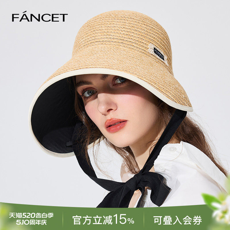 FANCET防晒帽女春夏新款修女帽法式大檐遮脸遮阳蝴蝶结太阳草帽