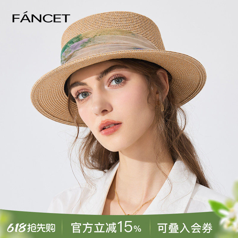 FANCET平顶草帽女春夏新款网纱遮阳防紫外线海边度假法式沙滩帽