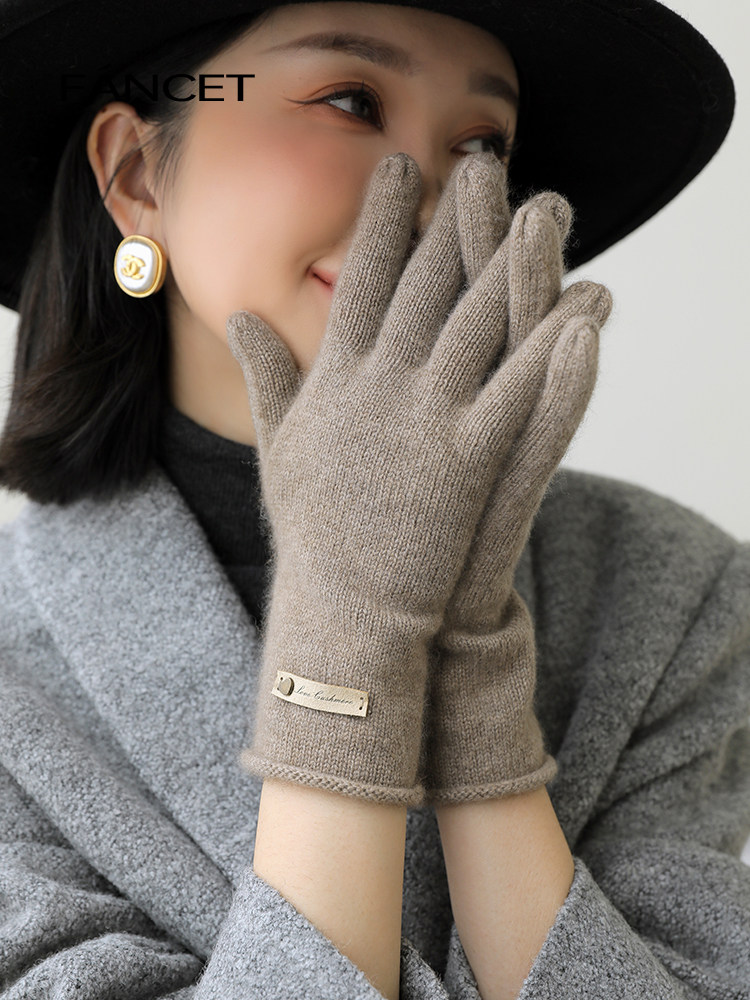 FANCET CASHMERE GLOVES WOMENS WINTER COLD THICKENED AND WARM CYCLING FINGER WOOL KNIT GLOVES GIFT BOX