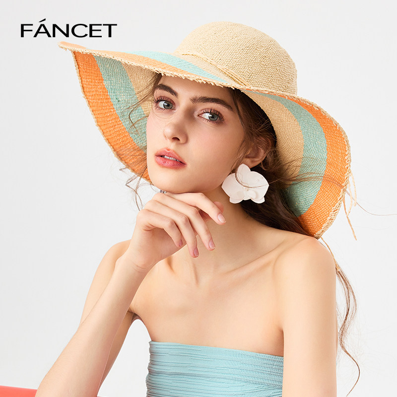 FANCET凡饰手工草编草帽宽檐春夏出游防晒遮阳帽子海边度假太阳