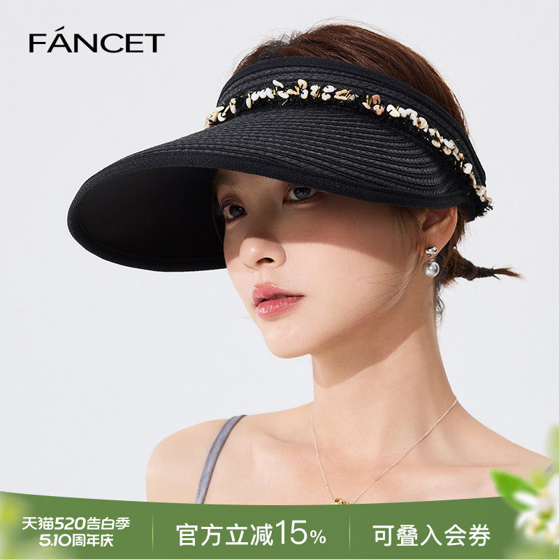 FANCET空顶帽女春夏新款遮阳防晒出游贝壳钻小香风空顶草帽太阳
