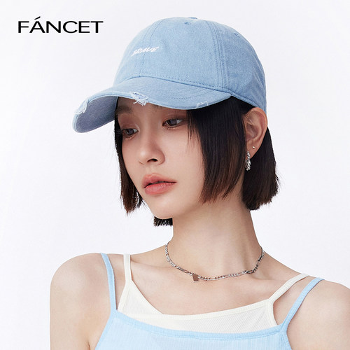 FANCET棒球帽女夏天新款显脸小水洗破洞软顶纯棉大檐加深鸭舌帽子