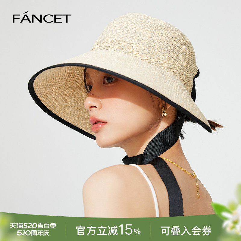 FANCET帽子女夏防晒帽可折叠法式大檐遮脸遮阳蝴蝶结休闲太阳草